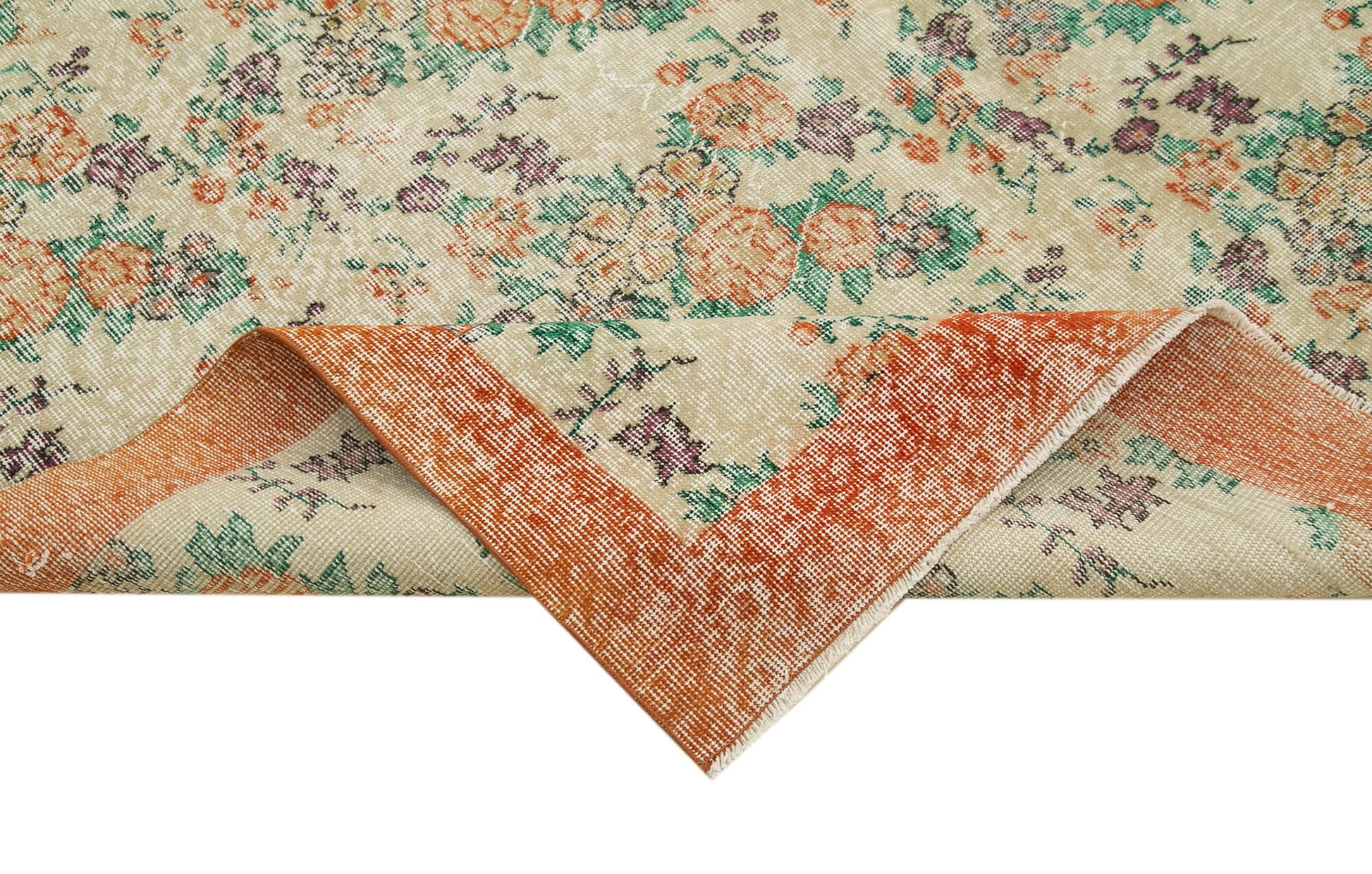 Vintage Bej Eskitme Pamuk Yün El Dokuma Halısı 204x320 Agacan