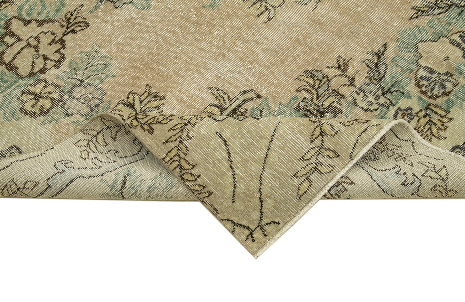 Vintage Bej Eskitme Pamuk Yün El Dokuma Halısı 211x309 Agacan