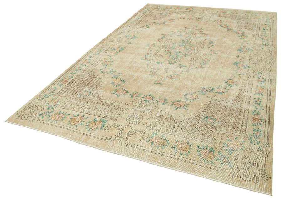 Vintage Bej Eskitme Pamuk Yün El Dokuma Halısı 208x338 Agacan
