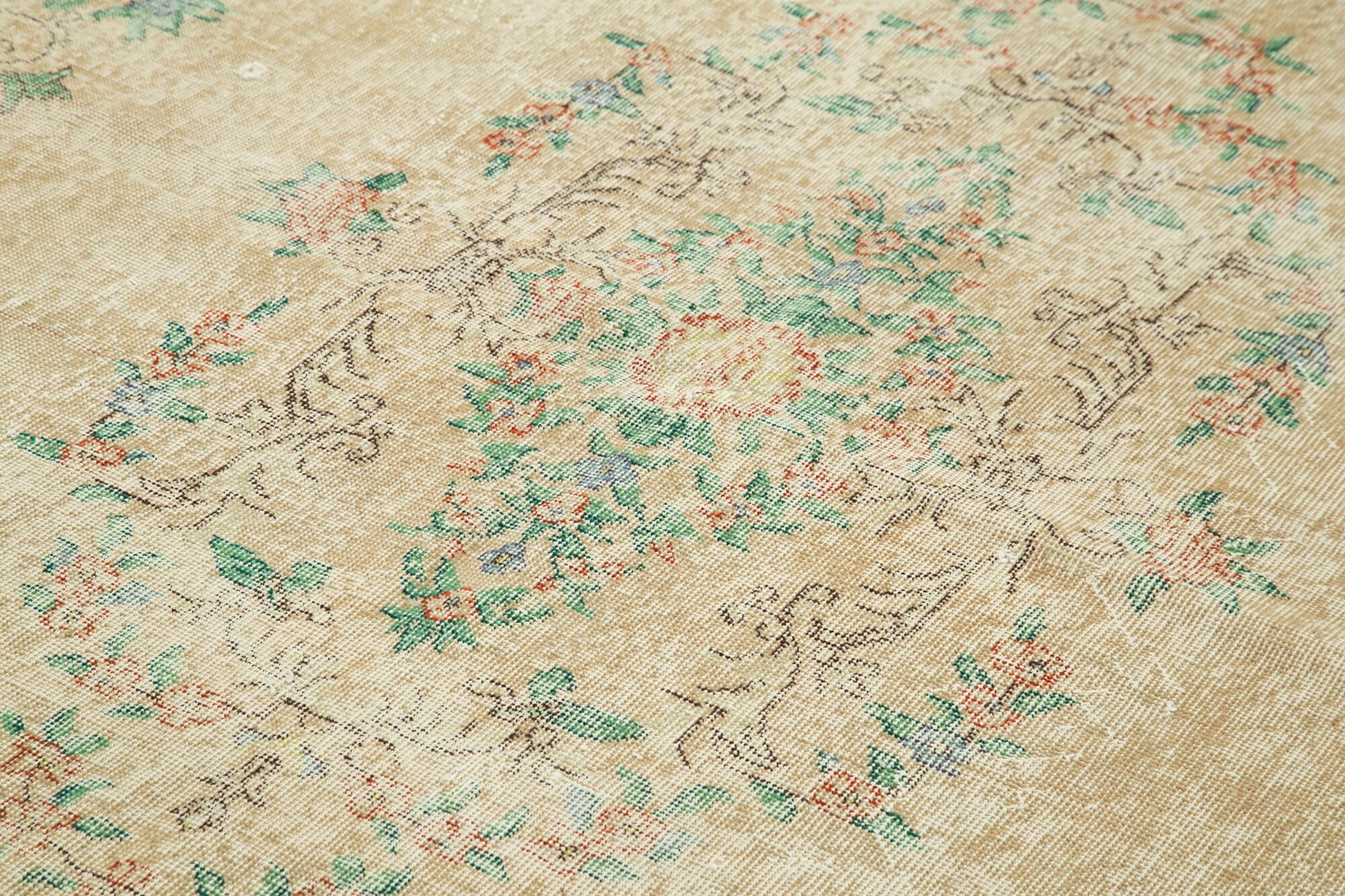 Vintage Bej Eskitme Pamuk Yün El Dokuma Halısı 208x338 Agacan