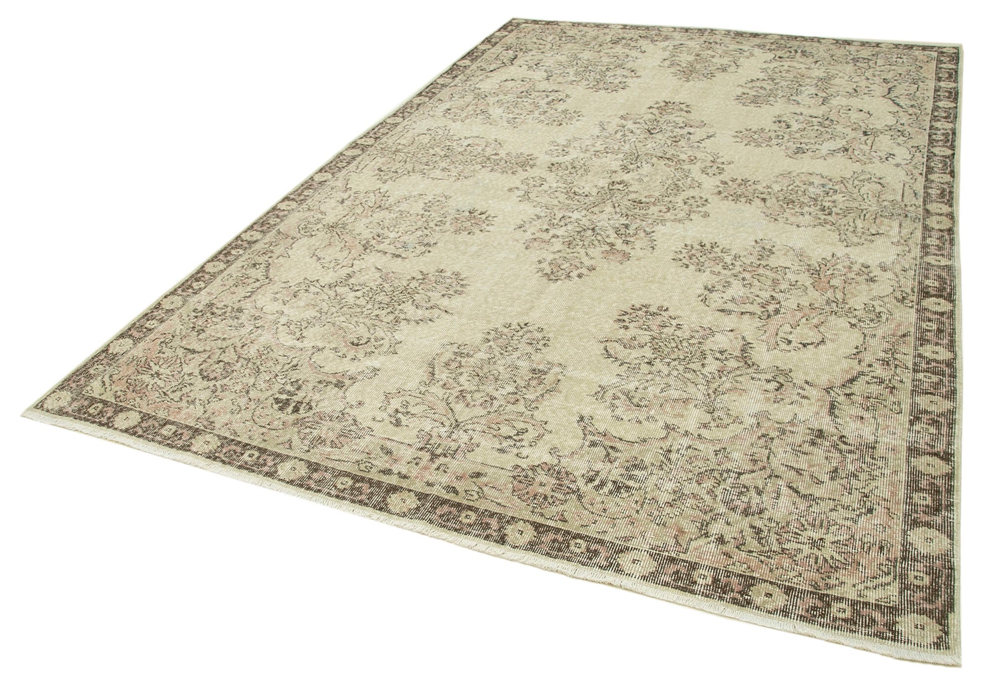 Vintage Bej Eskitme Pamuk Yün El Dokuma Halısı 207x318 Agacan