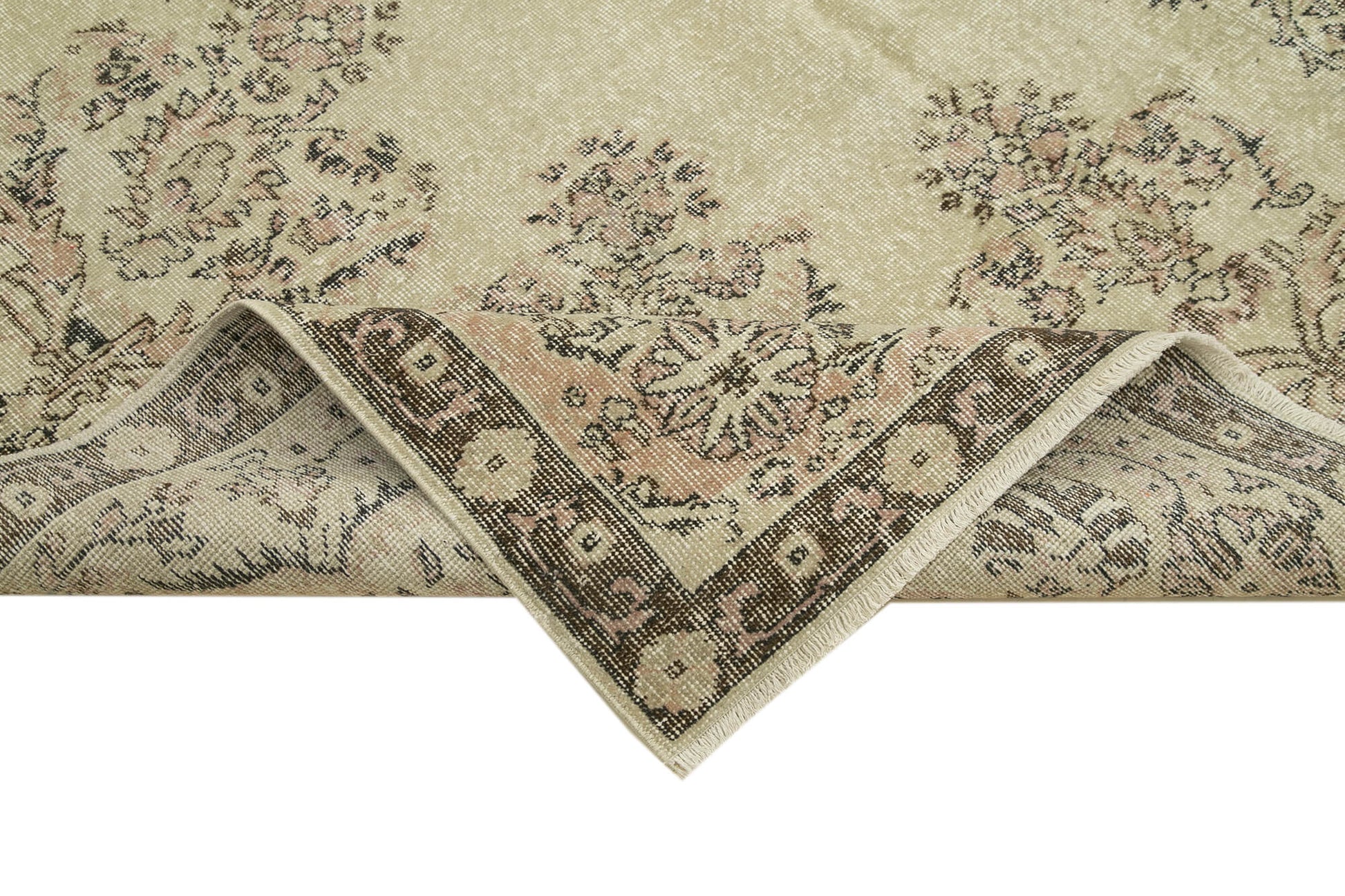 Vintage Bej Eskitme Pamuk Yün El Dokuma Halısı 207x318 Agacan