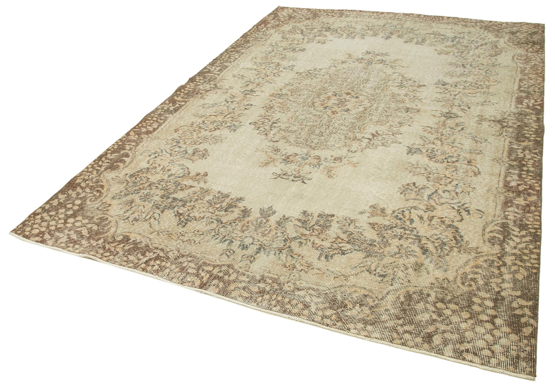 Vintage Bej Eskitme Pamuk Yün El Dokuma Halısı 202x301 Agacan