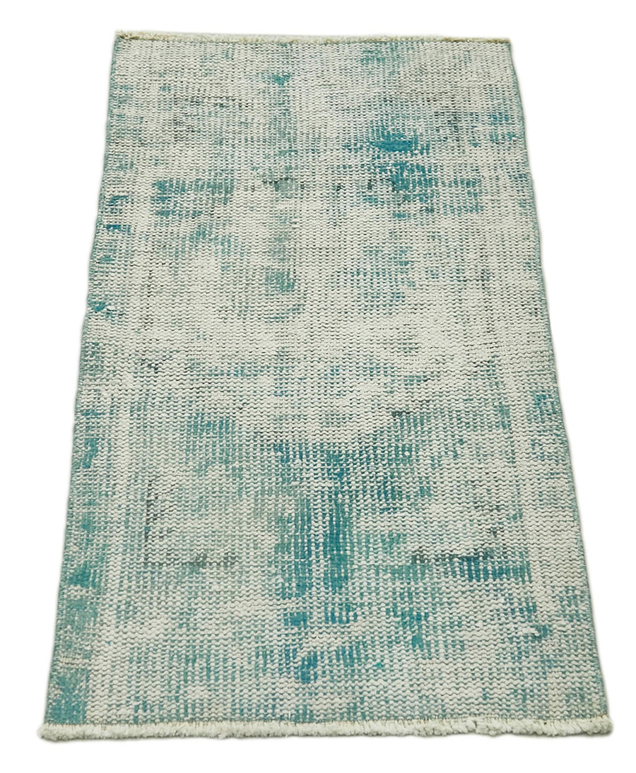 Overdyed Vintage Turkuaz Eskitme Pamuk Yün El Dokuma Halısı 54x110 Agacan