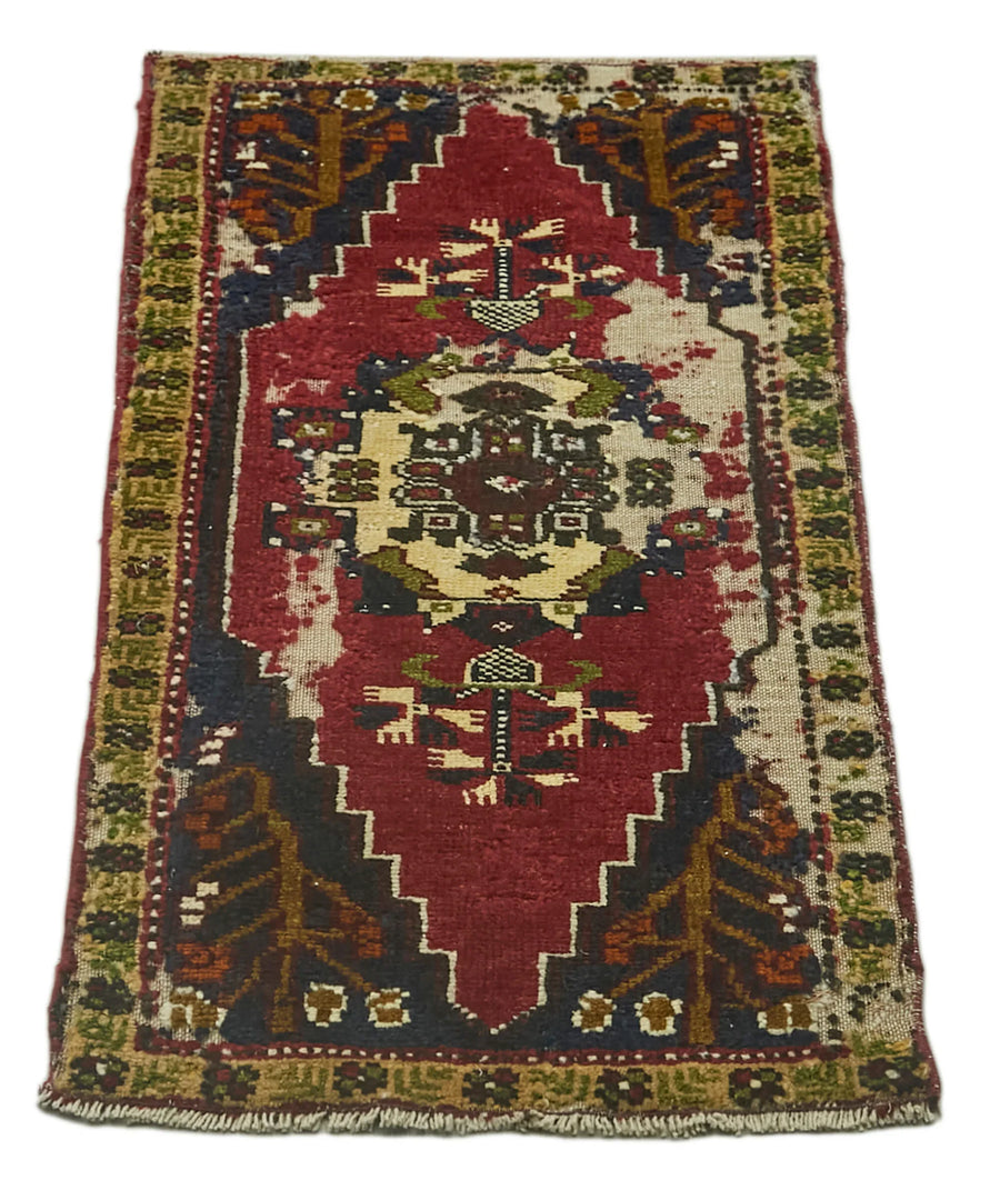 Overdyed Vintage Kırmızı Eskitme Pamuk Yün El Dokuma Halısı 51x100 Agacan