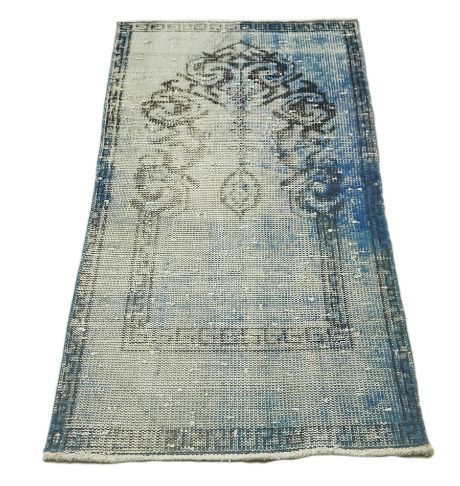 Overdyed Vintage Mavi Eskitme Pamuk Yün El Dokuma Halısı 63x118 Agacan