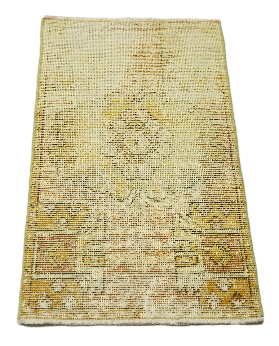 Overdyed Vintage Sarı Eskitme Pamuk Yün El Dokuma Halısı 45x88 Agacan