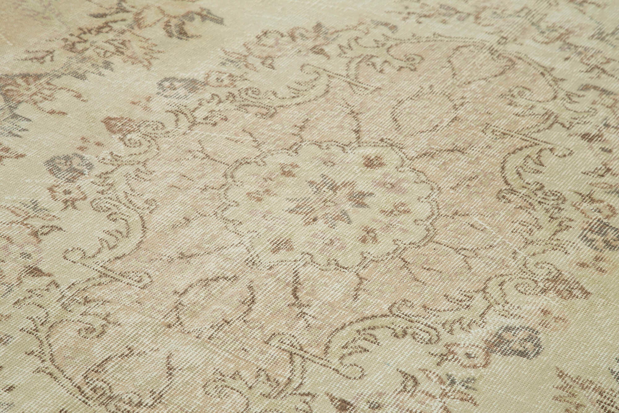 Vintage Bej Eskitme Pamuk Yün El Dokuma Halısı 195x303 Agacan