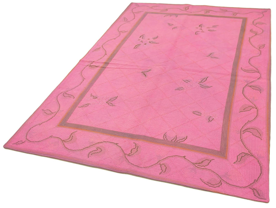 Needlepoint Pembe Çiçekli Pamuk Yün El Dokuma Halısı 162x255 Agacan