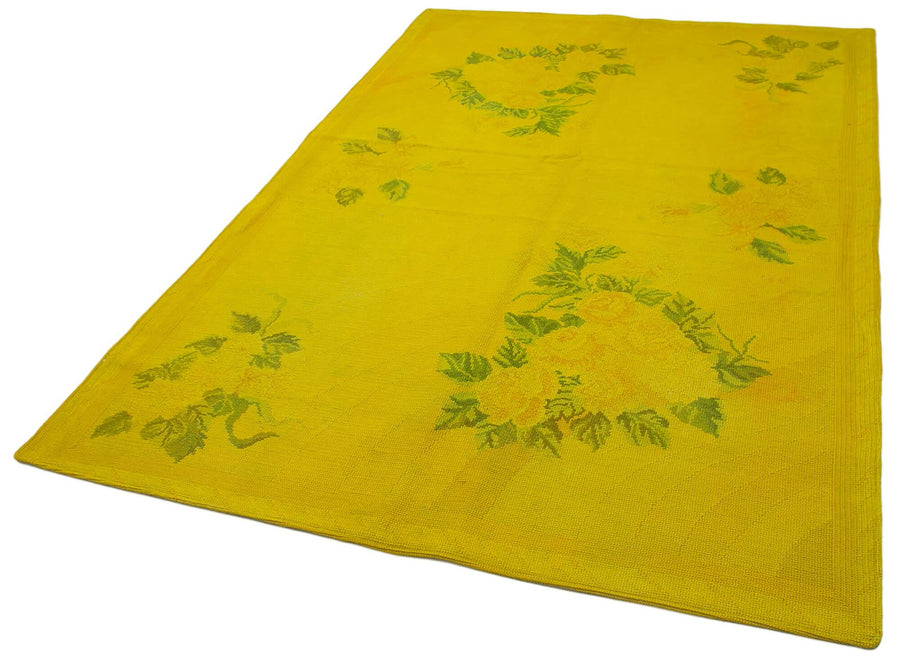 Needlepoint Sarı Çiçekli Pamuk Yün El Dokuma Halısı 168x260 Agacan