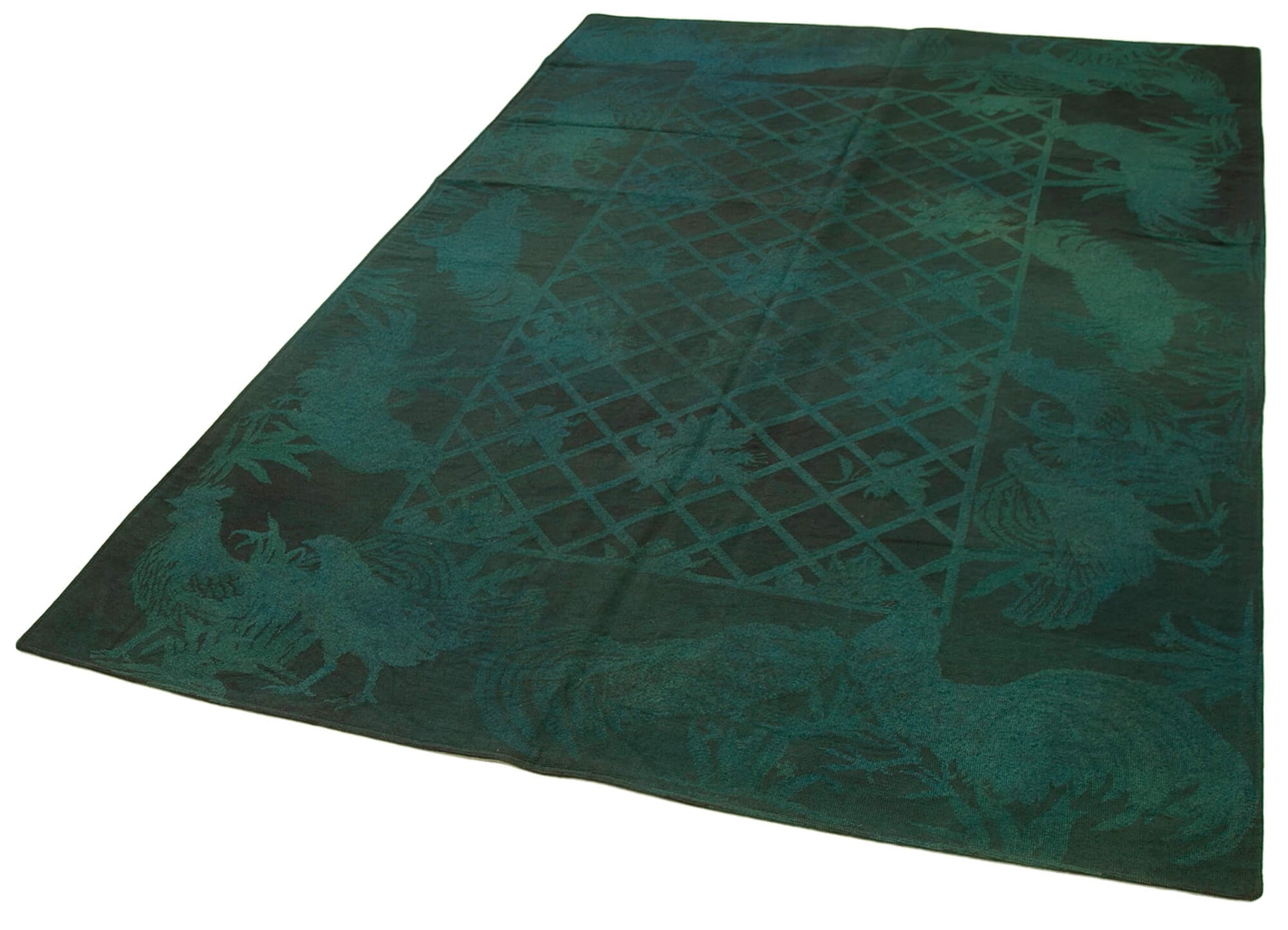 Needlepoint Yeşil Çiçekli Pamuk Yün El Dokuma Halısı 164x238 Agacan