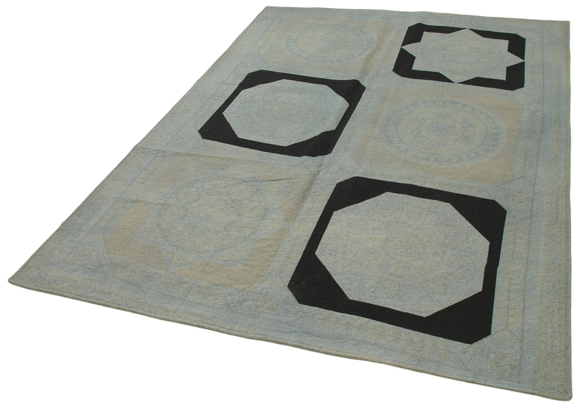 Needlepoint Gri Çiçekli Pamuk Yün El Dokuma Halısı 165x234 Agacan