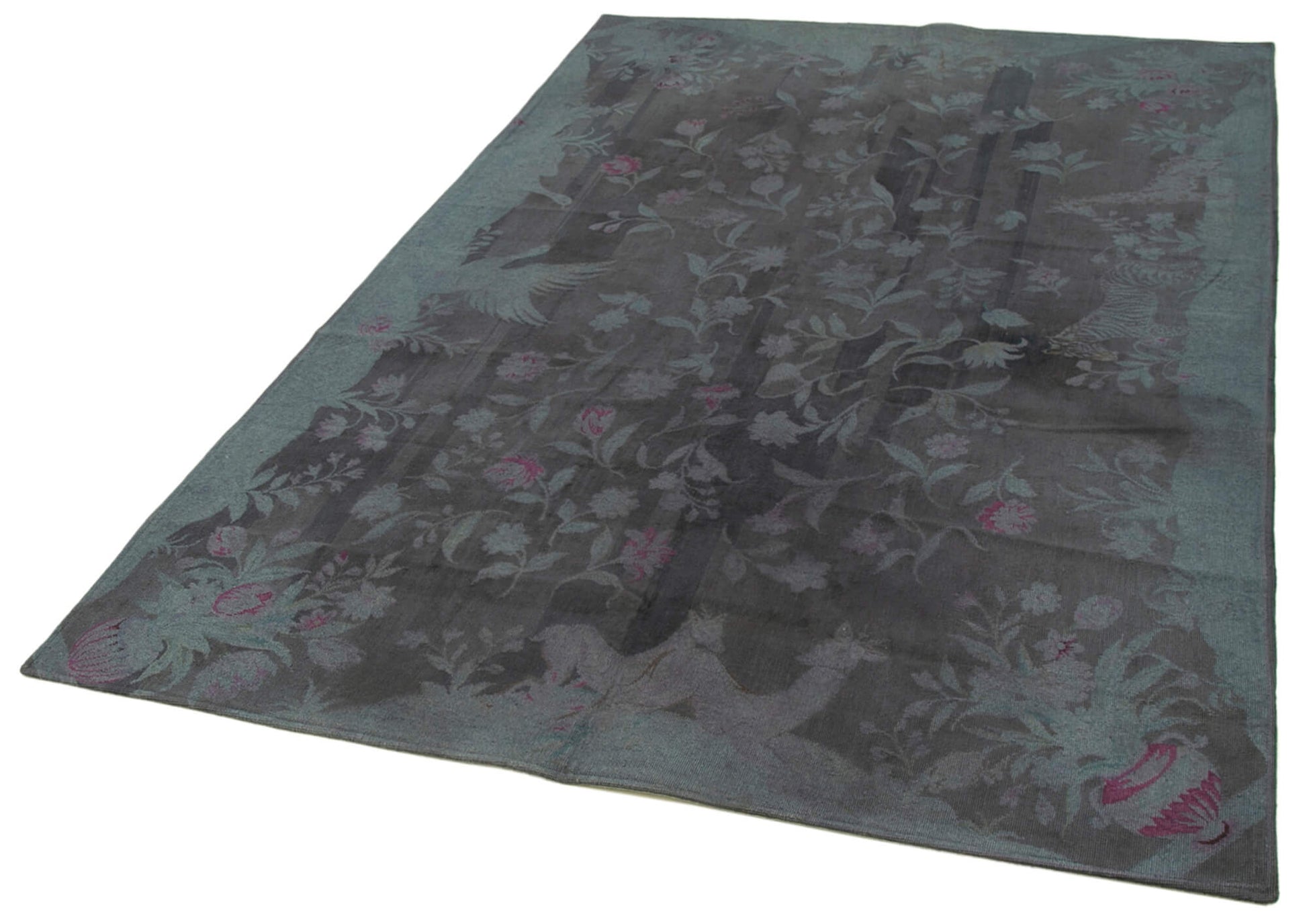 Needlepoint Gri Çiçekli Pamuk Yün El Dokuma Halısı 163x244 Agacan