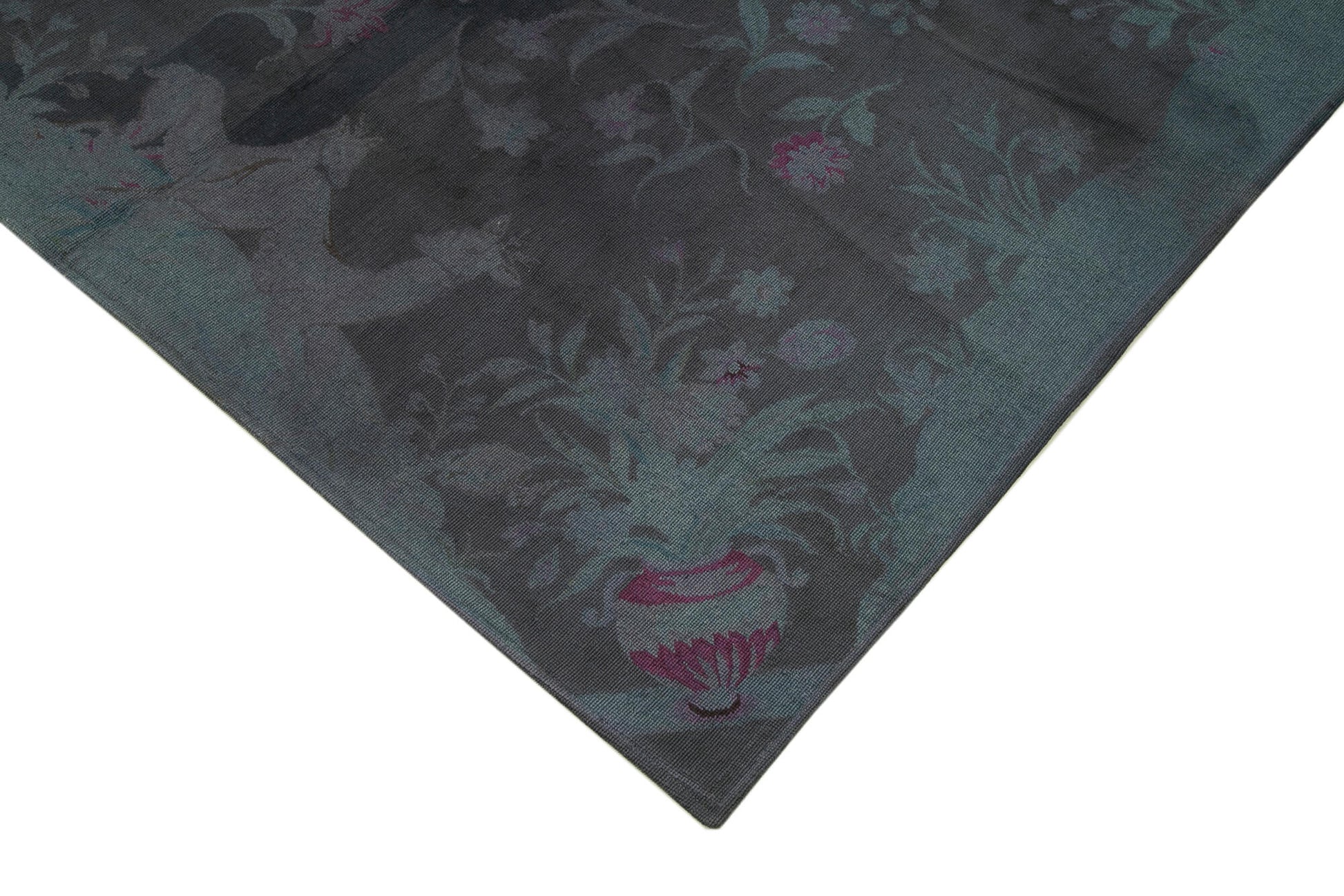 Needlepoint Gri Çiçekli Pamuk Yün El Dokuma Halısı 163x244 Agacan