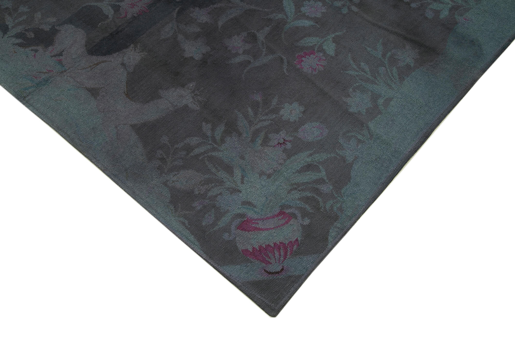 Needlepoint Gri Çiçekli Pamuk Yün El Dokuma Halısı 163x244 Agacan