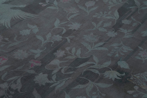 Needlepoint Gri Çiçekli Pamuk Yün El Dokuma Halısı 163x244 Agacan