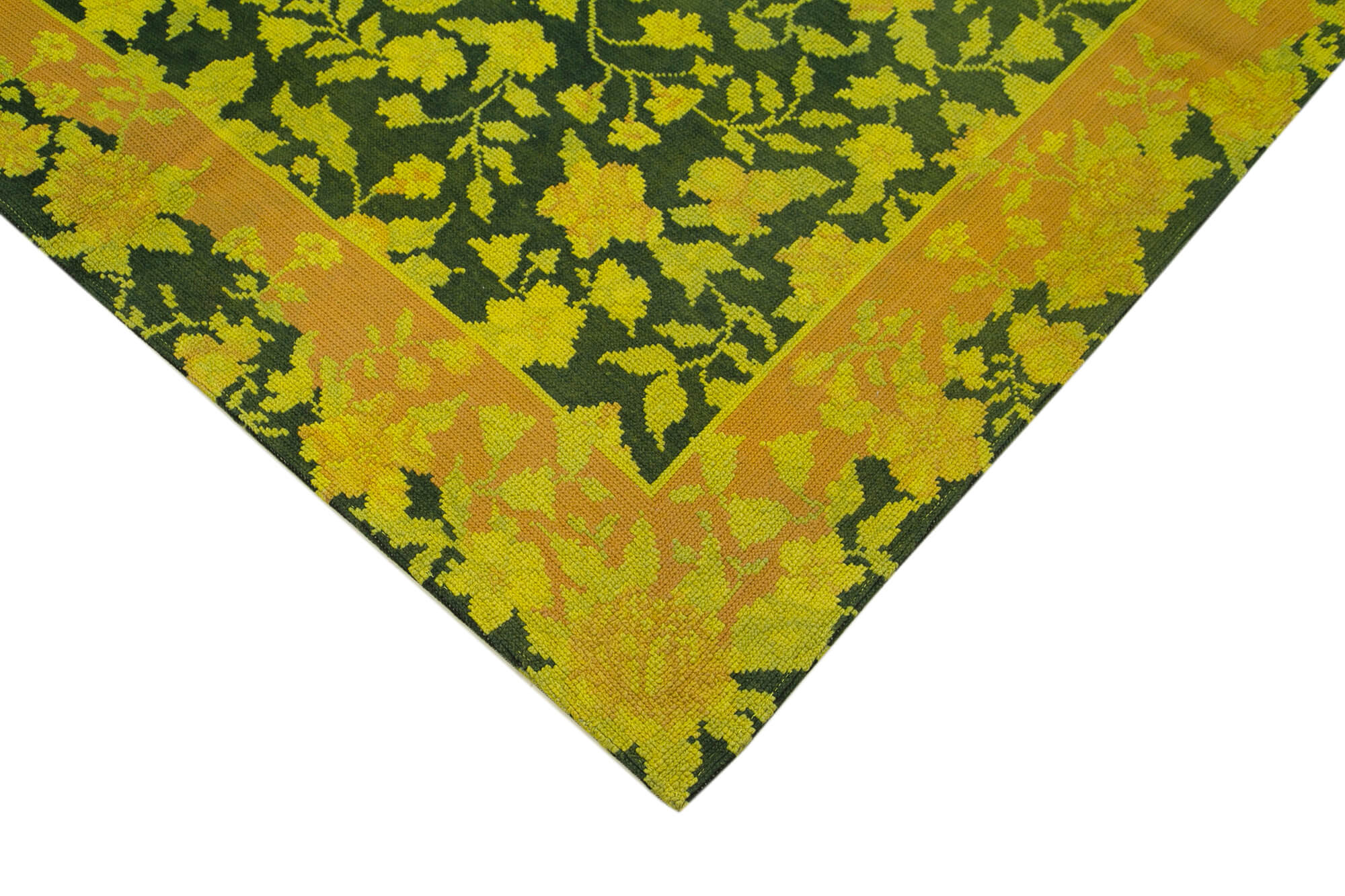 Needlepoint Sarı Çiçekli Pamuk Yün El Dokuma Halısı 168x243 Agacan