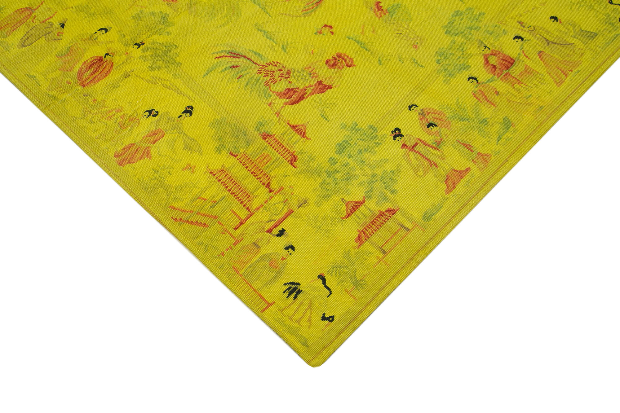 Needlepoint Sarı Çiçekli Pamuk Yün El Dokuma Halısı 163x257 Agacan