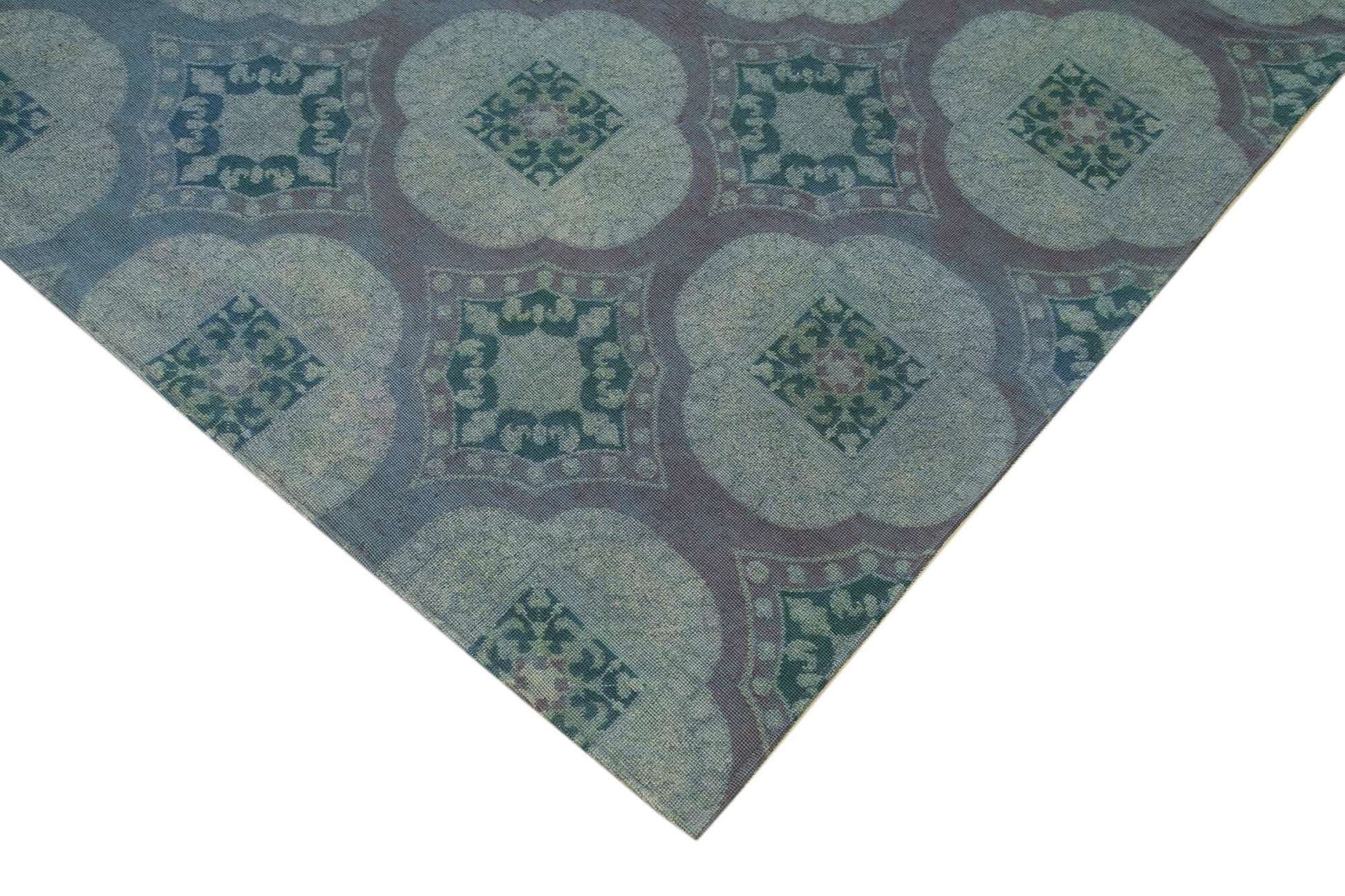 Needlepoint Mavi Çiçekli Pamuk Yün El Dokuma Halısı 206x275 Agacan