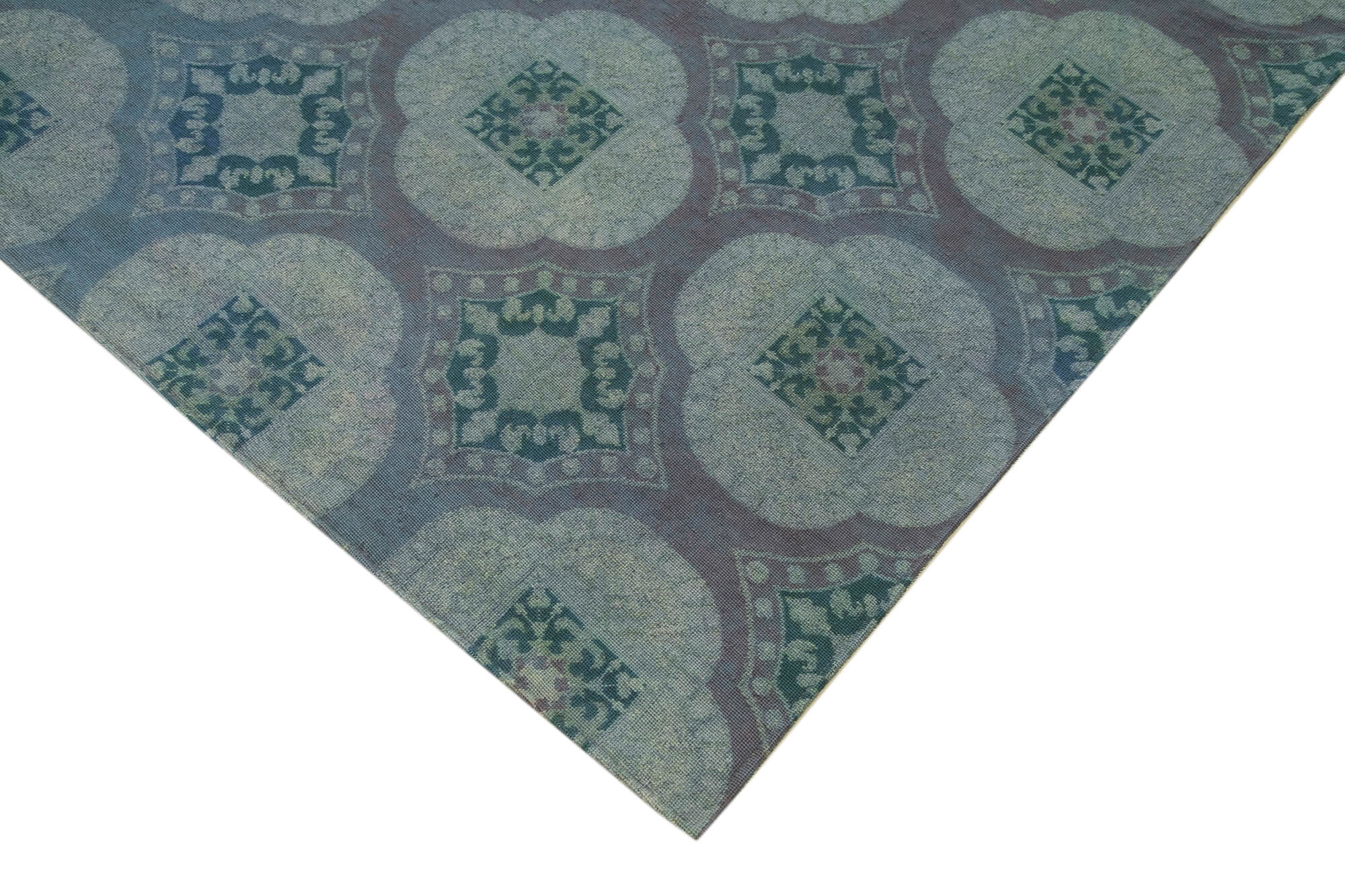 Needlepoint Mavi Çiçekli Pamuk Yün El Dokuma Halısı 206x275 Agacan