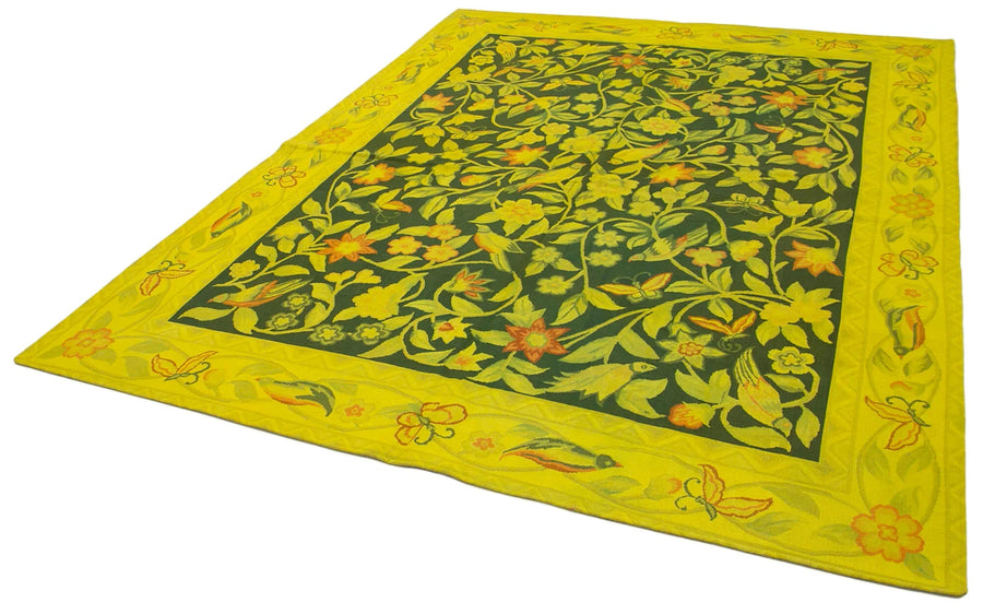 Needlepoint Sarı Çiçekli Pamuk Yün El Dokuma Halısı 211x273 Agacan