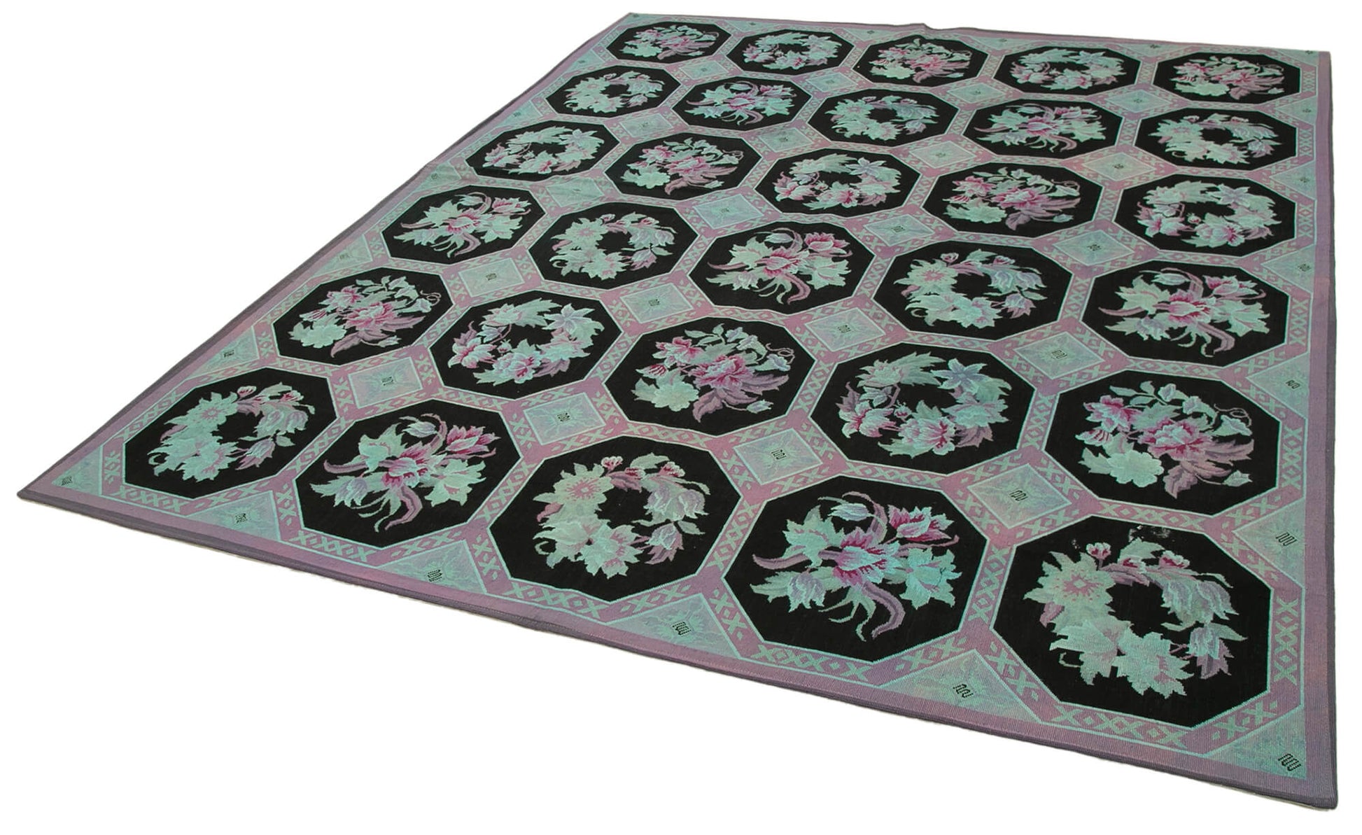 Needlepoint Beyaz Çiçekli Pamuk Yün El Dokuma Halısı 227x280 Agacan