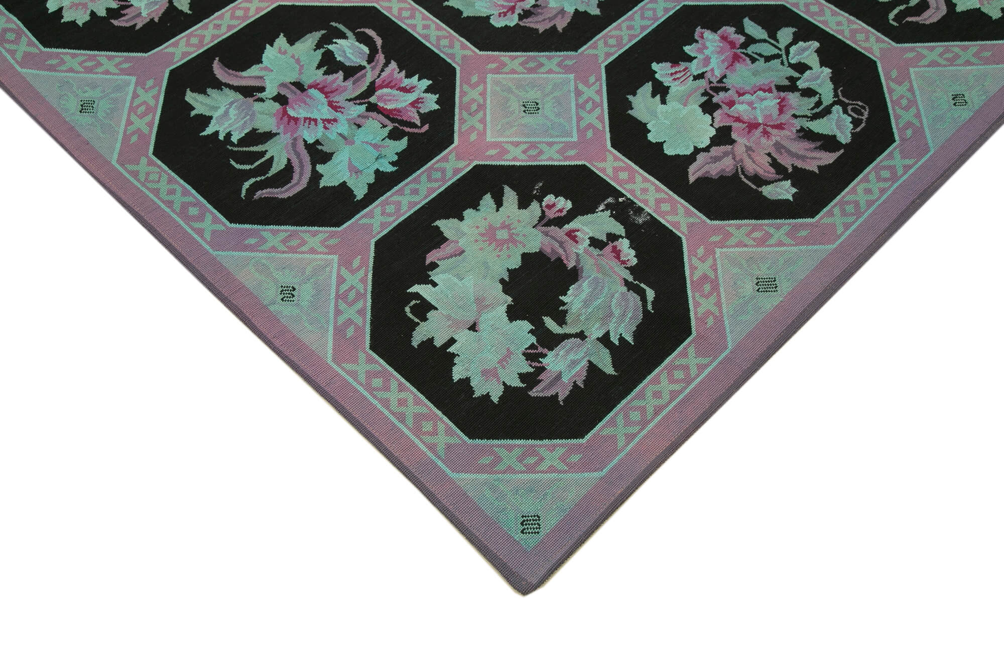 Needlepoint Beyaz Çiçekli Pamuk Yün El Dokuma Halısı 227x280 Agacan