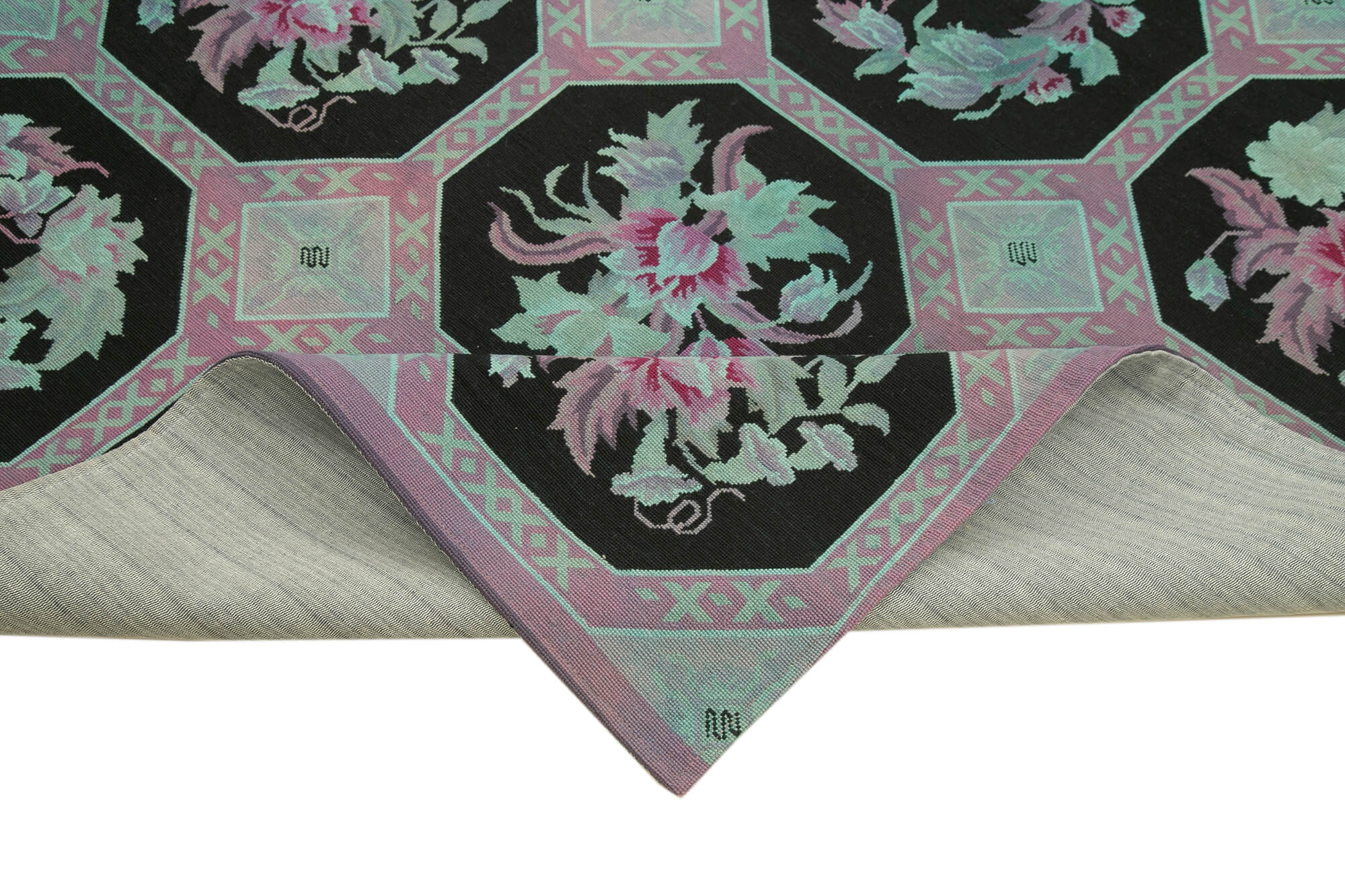 Needlepoint Beyaz Çiçekli Pamuk Yün El Dokuma Halısı 227x280 Agacan