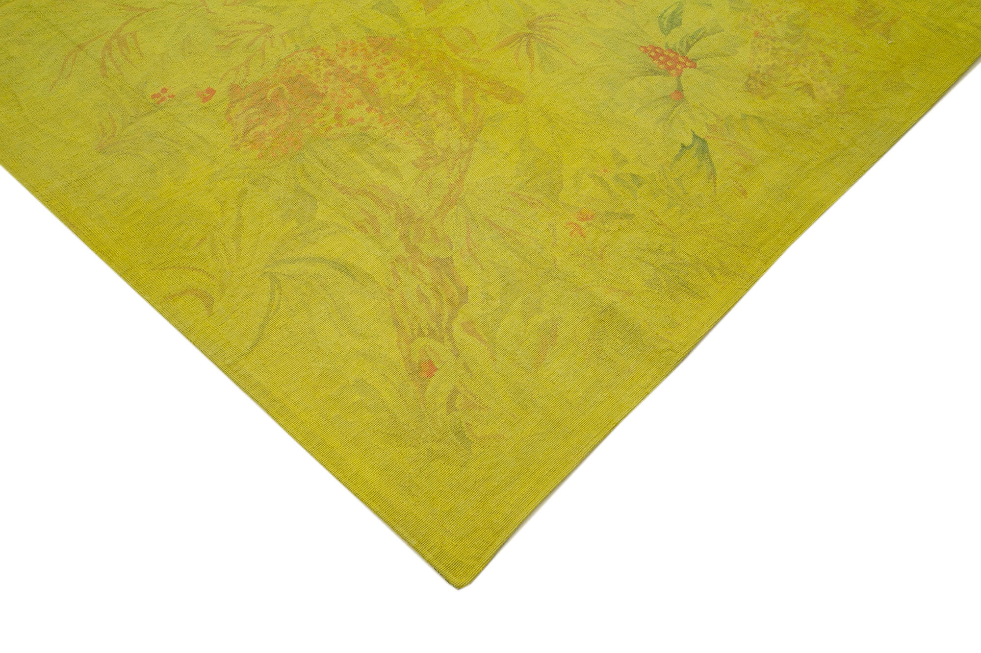 Needlepoint Sarı Çiçekli Pamuk Yün El Dokuma Halısı 247x260 Agacan