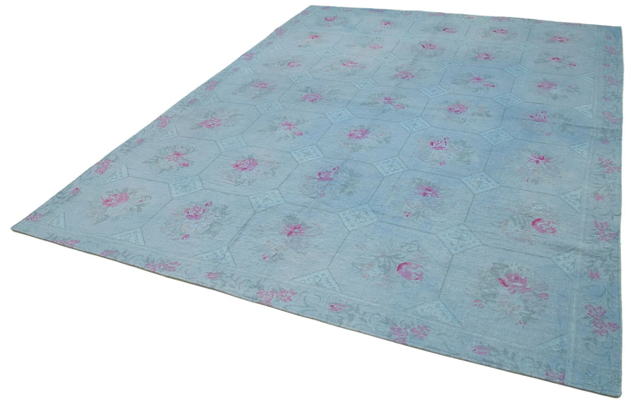 Needlepoint Mavi Çiçekli Pamuk Yün El Dokuma Halısı 245x335 Agacan