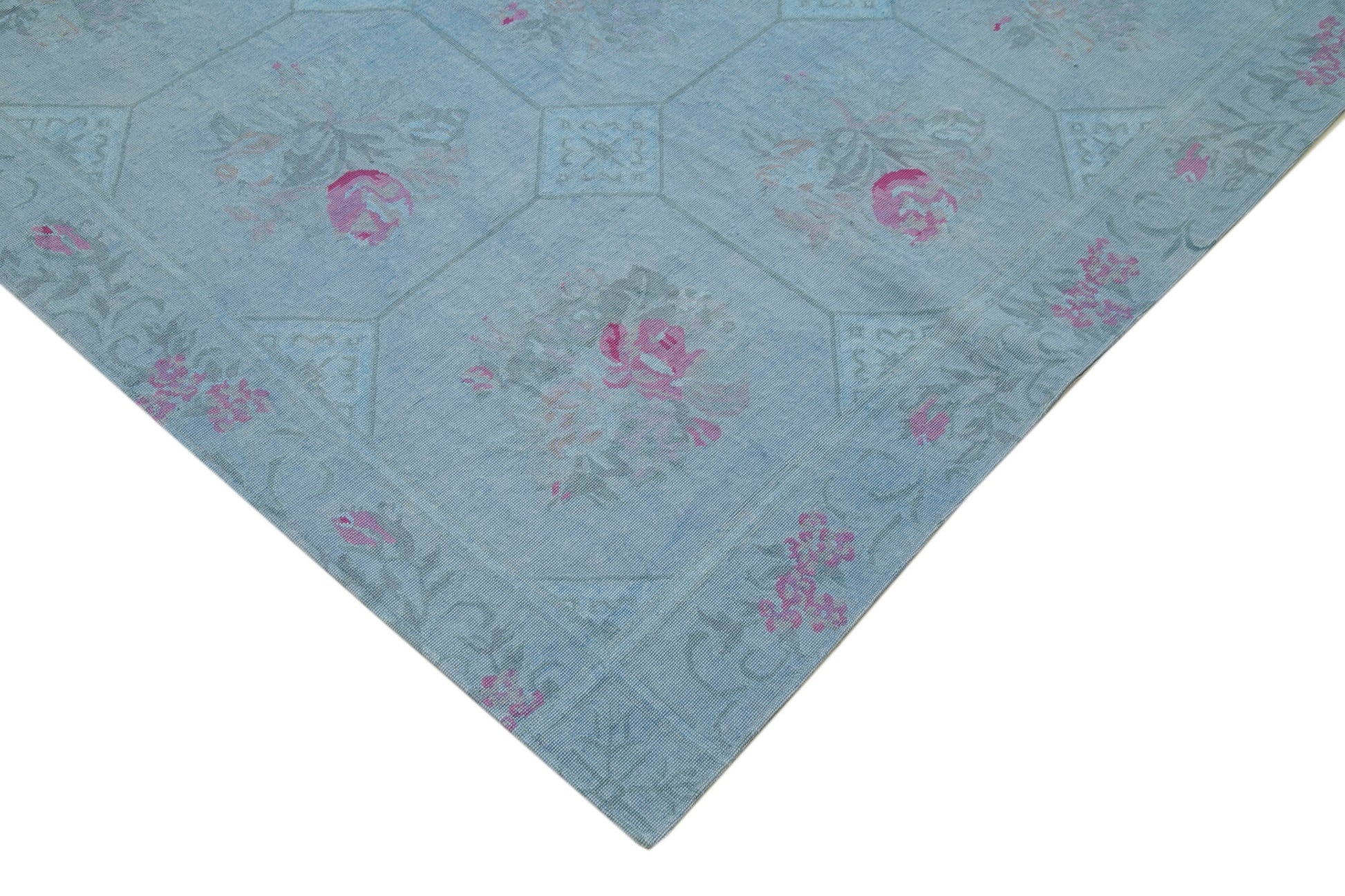 Needlepoint Mavi Çiçekli Pamuk Yün El Dokuma Halısı 245x335 Agacan