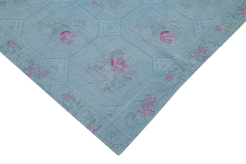 Needlepoint Mavi Çiçekli Pamuk Yün El Dokuma Halısı 245x335 Agacan