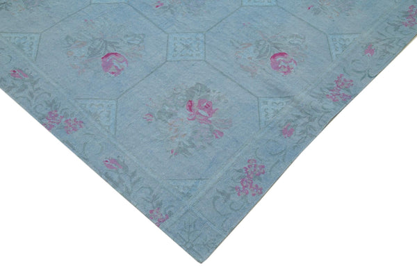 Needlepoint Mavi Çiçekli Pamuk Yün El Dokuma Halısı 245x335 Agacan