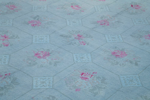 Needlepoint Mavi Çiçekli Pamuk Yün El Dokuma Halısı 245x335 Agacan