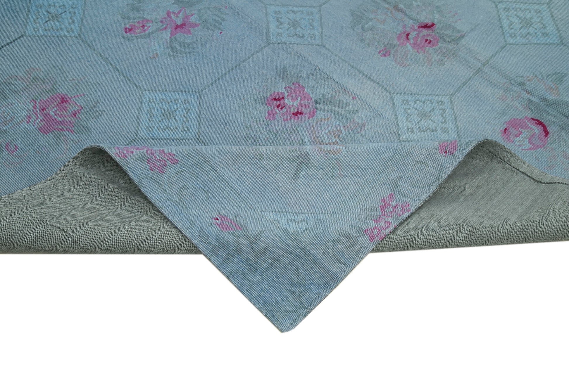 Needlepoint Mavi Çiçekli Pamuk Yün El Dokuma Halısı 245x335 Agacan