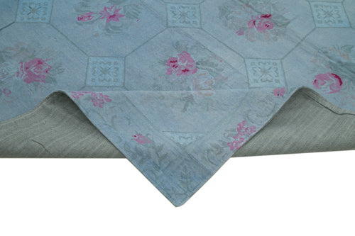 Needlepoint Mavi Çiçekli Pamuk Yün El Dokuma Halısı 245x335 Agacan