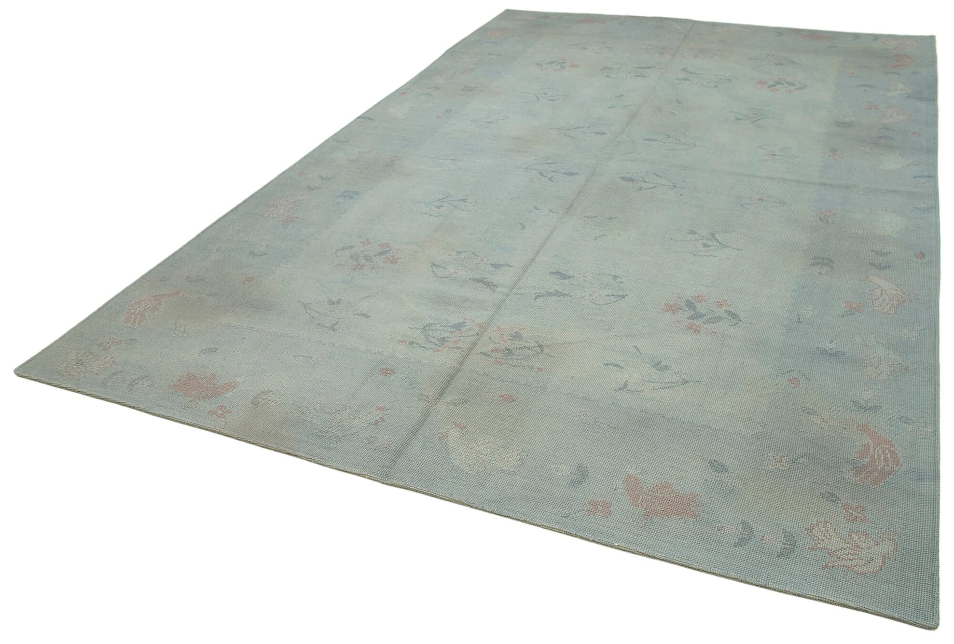 Needlepoint Gri Çiçekli Pamuk Yün El Dokuma Halısı 223x363 Agacan