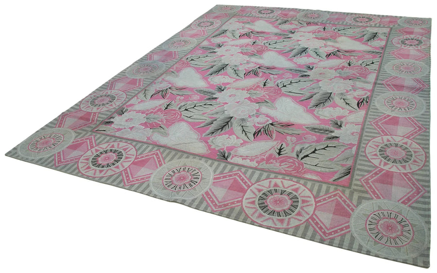 Needlepoint Gri Çiçekli Pamuk Yün El Dokuma Halısı 258x337 Agacan