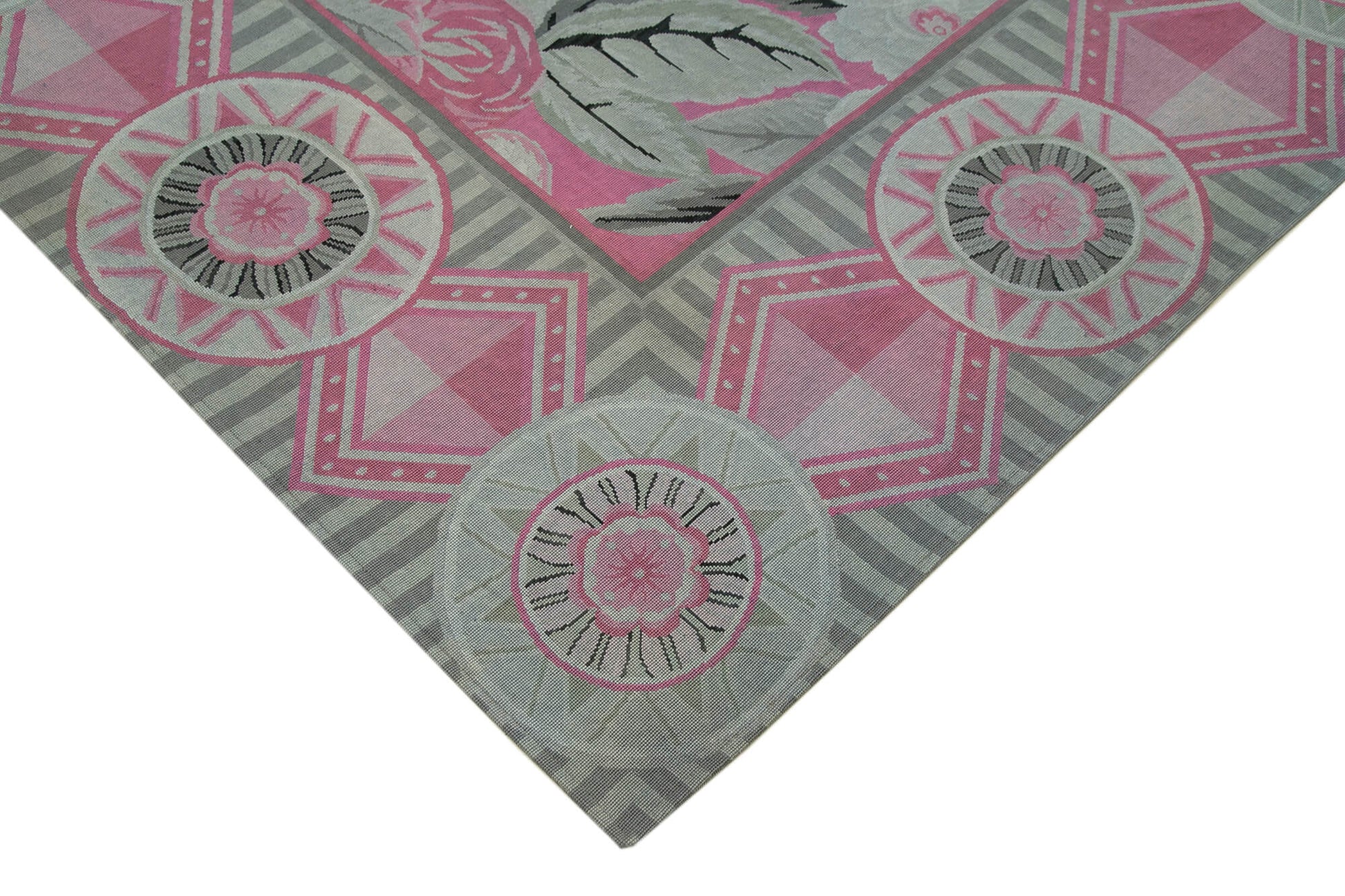 Needlepoint Gri Çiçekli Pamuk Yün El Dokuma Halısı 258x337 Agacan