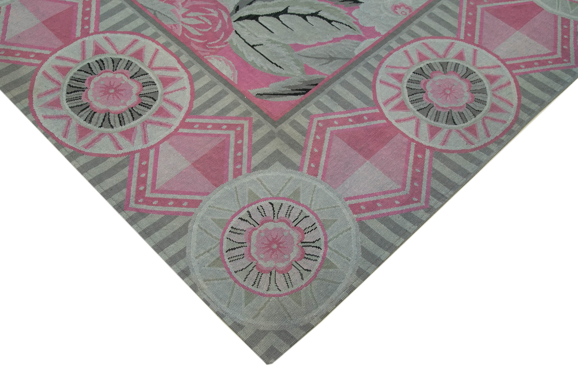 Needlepoint Gri Çiçekli Pamuk Yün El Dokuma Halısı 258x337 Agacan