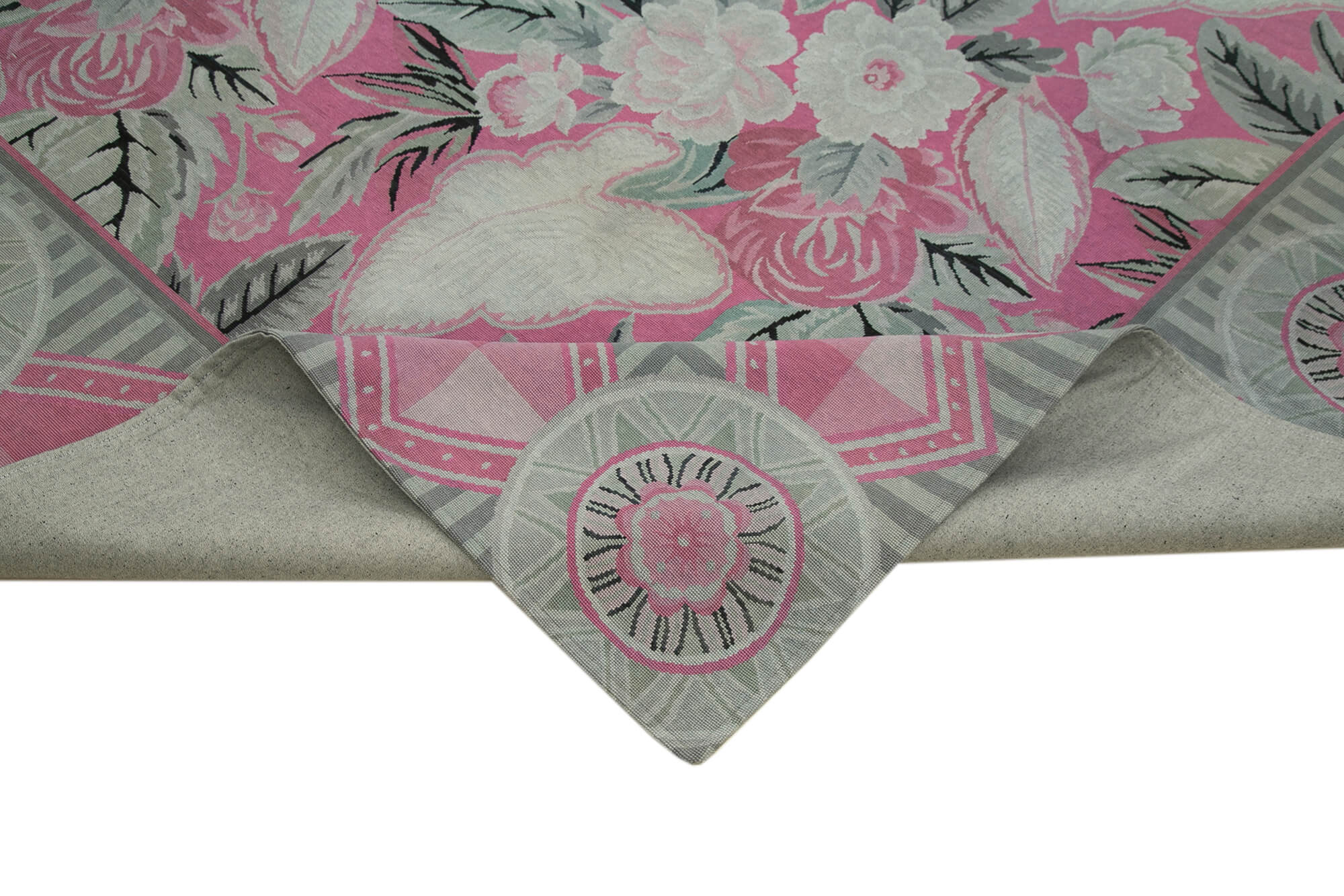 Needlepoint Gri Çiçekli Pamuk Yün El Dokuma Halısı 258x337 Agacan