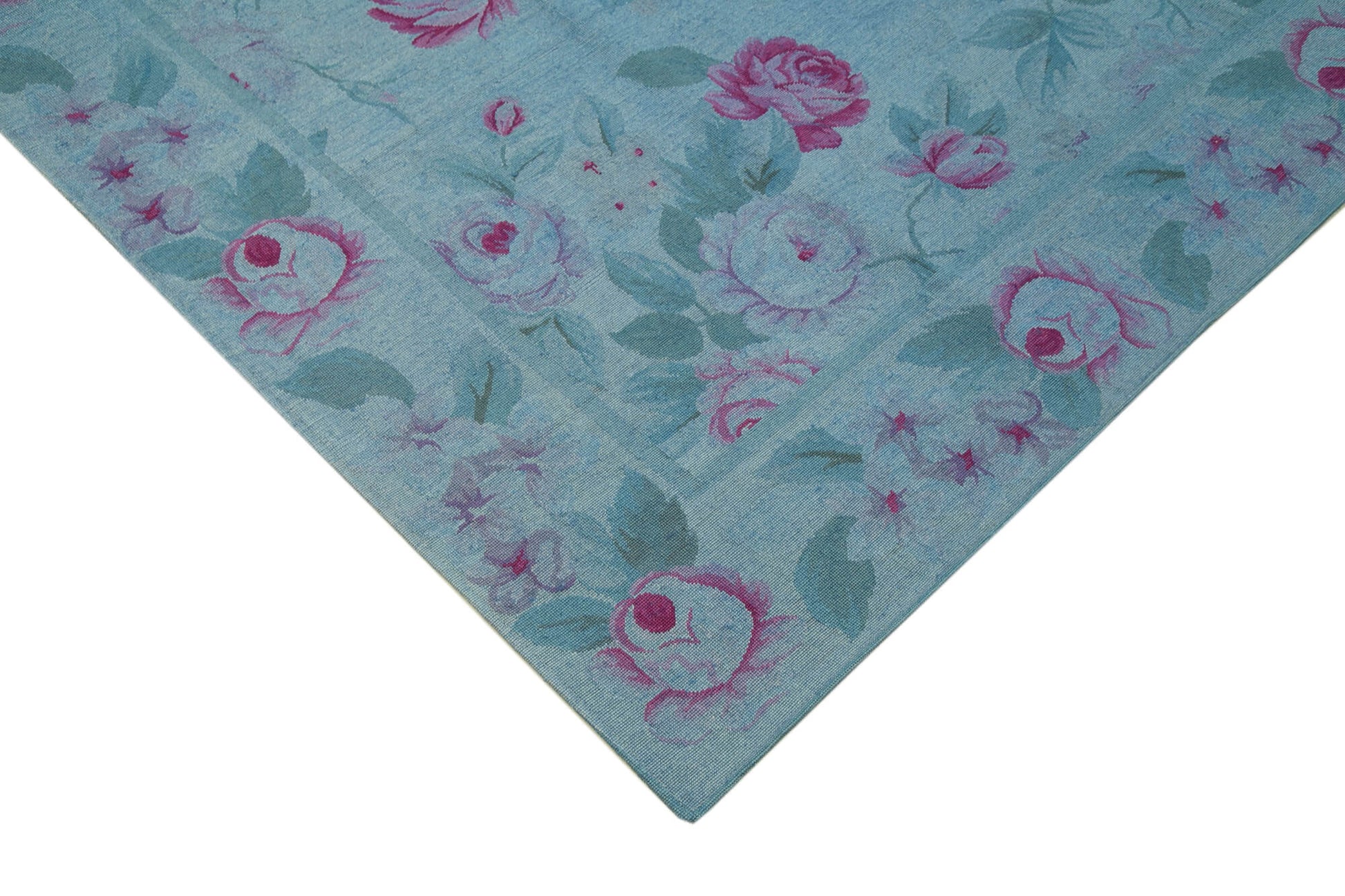 Needlepoint Mavi Çiçekli Pamuk Yün El Dokuma Halısı 250x338 Agacan