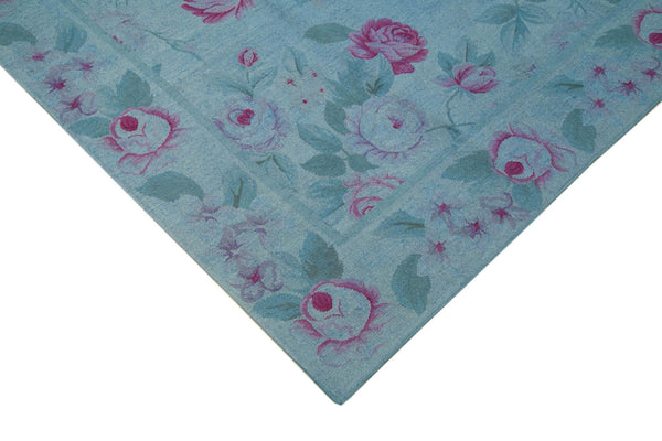 Needlepoint Mavi Çiçekli Pamuk Yün El Dokuma Halısı 250x338 Agacan
