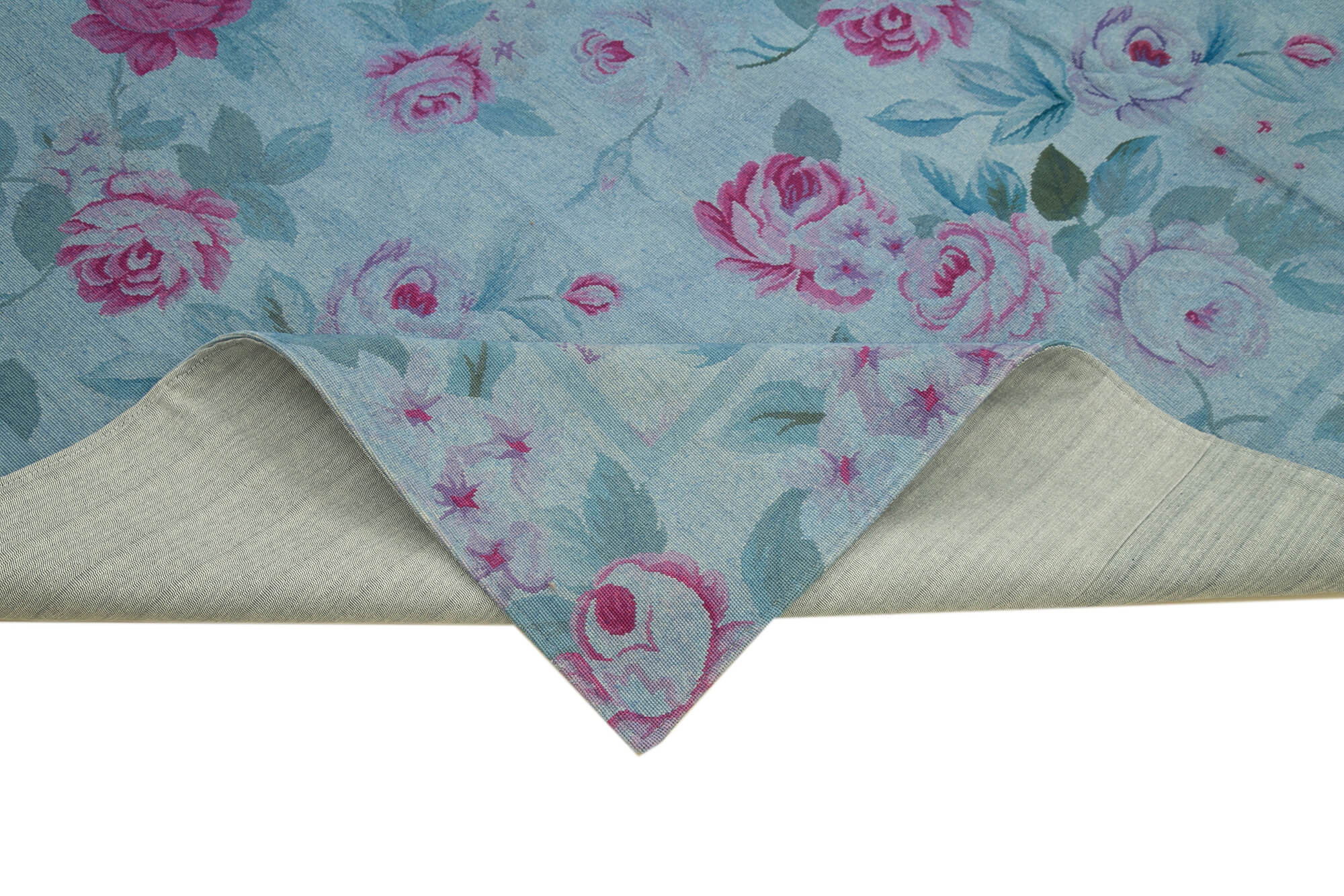 Needlepoint Mavi Çiçekli Pamuk Yün El Dokuma Halısı 250x338 Agacan