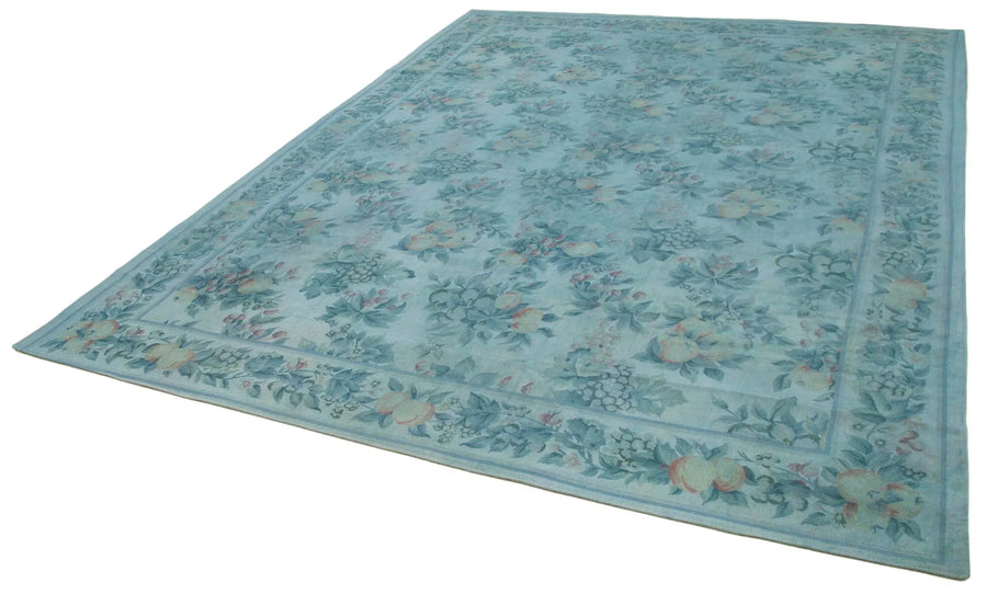 Needlepoint Mavi Çiçekli Pamuk Yün El Dokuma Halısı 253x337 Agacan