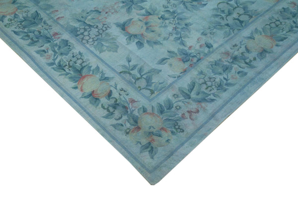 Needlepoint Mavi Çiçekli Pamuk Yün El Dokuma Halısı 253x337 Agacan