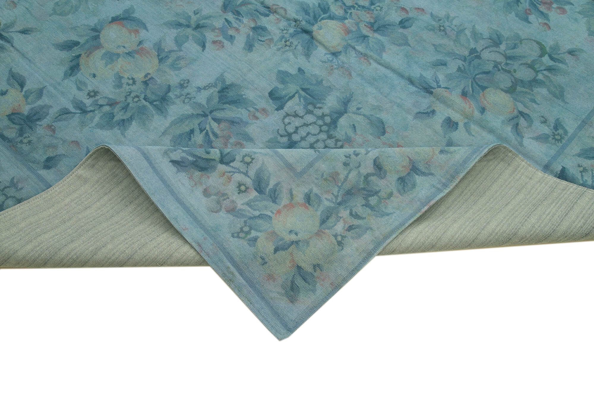 Needlepoint Mavi Çiçekli Pamuk Yün El Dokuma Halısı 253x337 Agacan