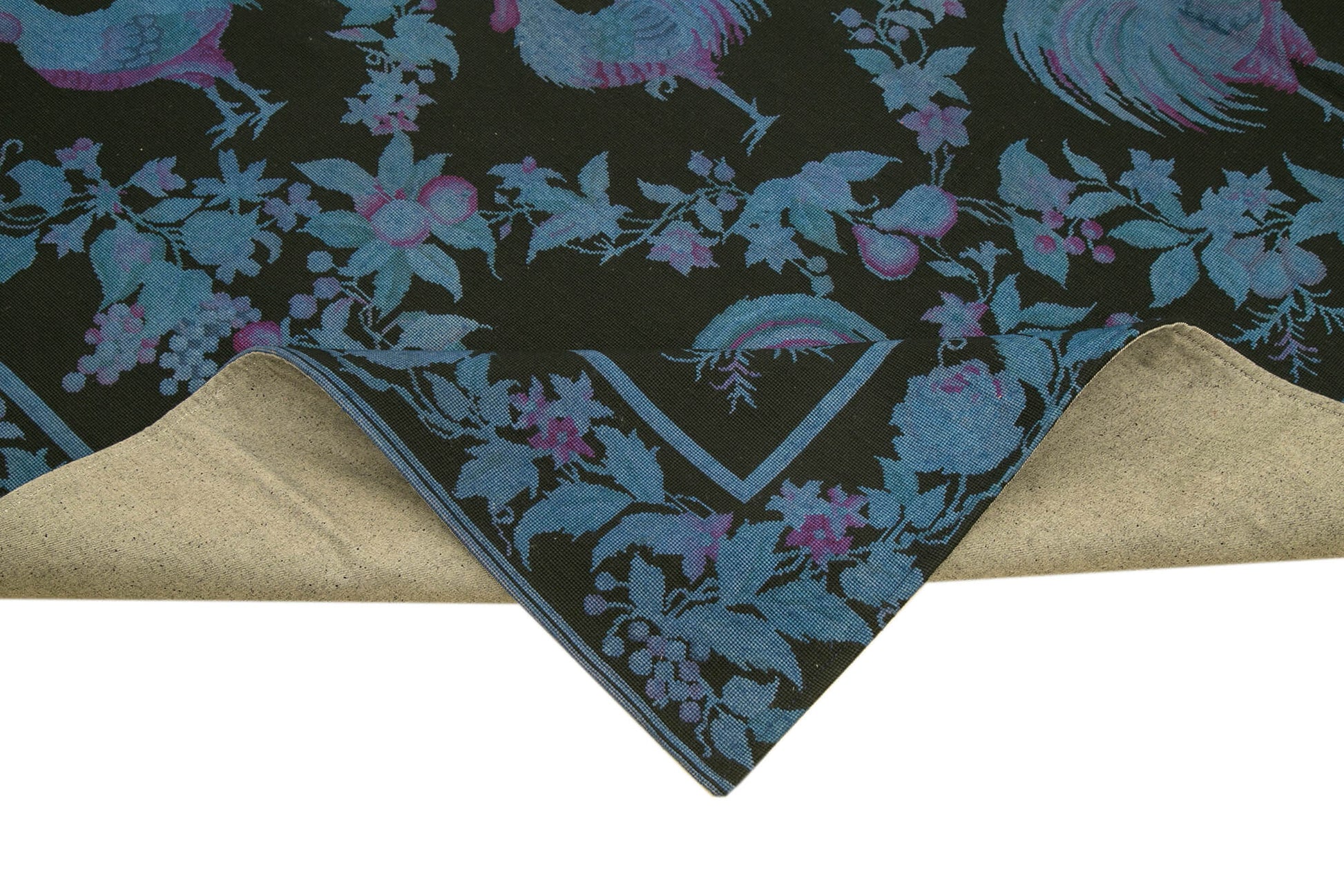 Needlepoint Mavi Çiçekli Pamuk Yün El Dokuma Halısı 240x332 Agacan