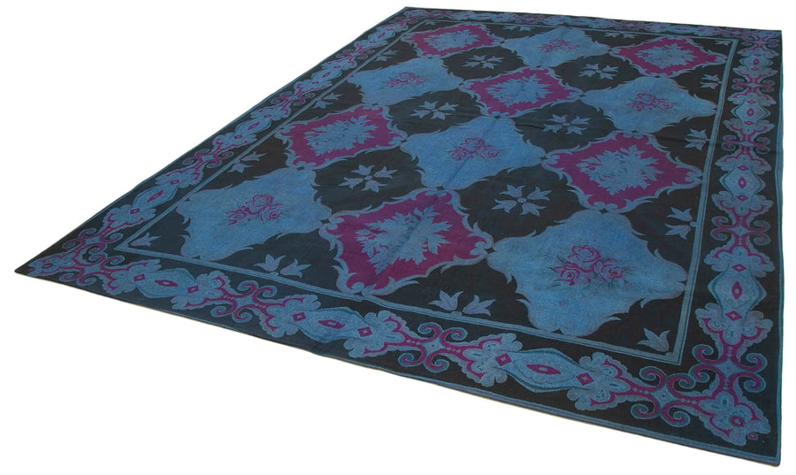 Needlepoint Mavi Çiçekli Pamuk Yün El Dokuma Halısı 251x338 Agacan