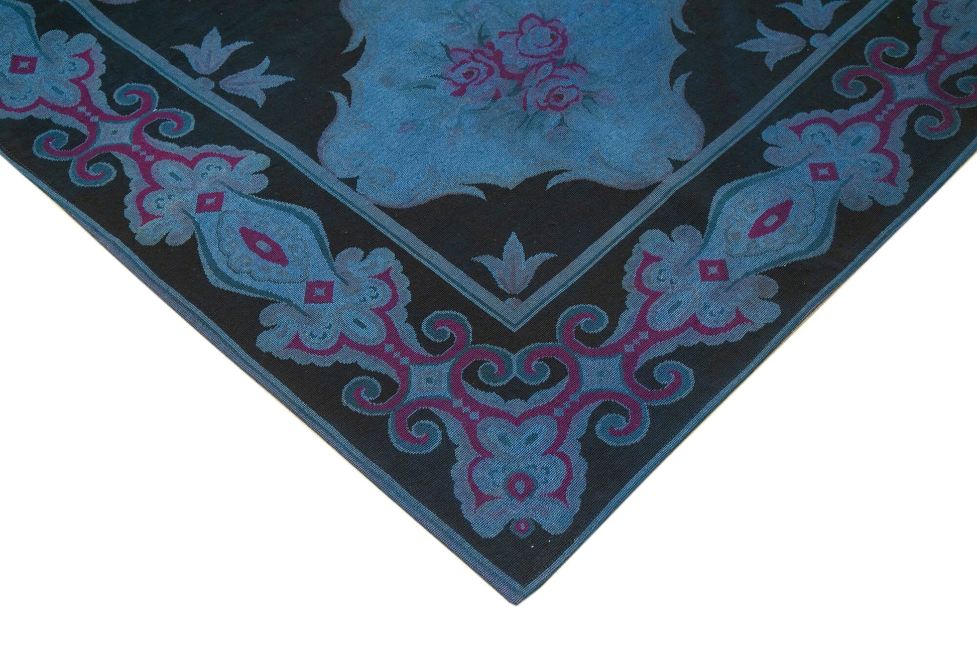 Needlepoint Mavi Çiçekli Pamuk Yün El Dokuma Halısı 251x338 Agacan